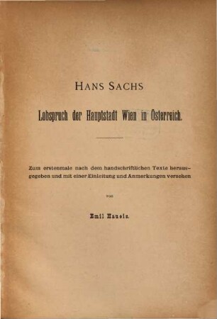 Hans Sachs Lobspruch der Hauptstadt Wien in Österreich