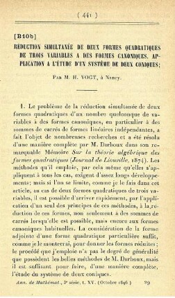 Réduction simultanée de deux formes quadratiques de trois variables a des formes canoniques. [...]
