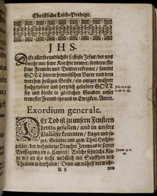Exordium generale; Leichen-Text.; Exordium Speciale; Expositio.; Von Ersten.; Von dem zweyten Stücke.; Folget nun das lecte und dritte Stücke.
