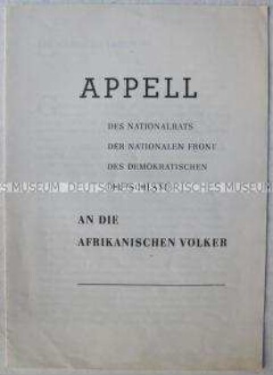 Flugschrift mit dem Wortlaut eines Appells der Nationalen Front an die Völker Afrikas