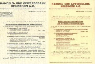 Werbeblatt der Handels- und Gewerbebank Heilbronn für Goldschuldverschreibungen und Goldpfandbriefe, darunter eine Goldanleihe der Stadt Heilbronn