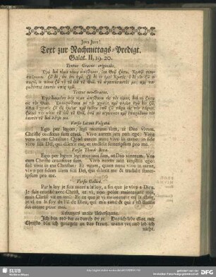 Jova Juva! Text zur Nachmittags-Predigt. Galat. II, 19.20.