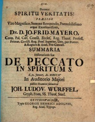 Summaria dissertationis suae de peccato in Spiritum S.