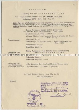 Auszug aus dem Sterberegister der St. Marienkirche von Massow in Pommern (Abschrift)