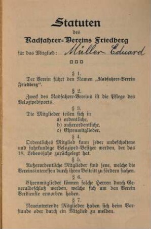 Statuten des Radfahrer-Vereins Friedberg für das Mitglied ...
