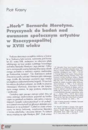 "Herb" Bernarda Meretyna. Przyczynek do badań nad awansem społecznym artystów w Rzeczypospolitej w XVIII wieku