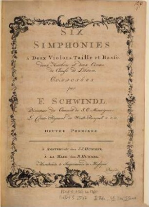 Six simphonies a deux violons, taille et basse, deux hautbois et deux cornes de chasse ad libitum : oeuvre premiere