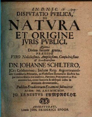 Disputatio Publica, De Natura Et Origine Iuris Publici