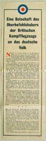 Abwurf-Flugblatt der Alliierten mit dem Wortlaut einer Botschaft von Marschall Harris an die deutsche Bevölkerung