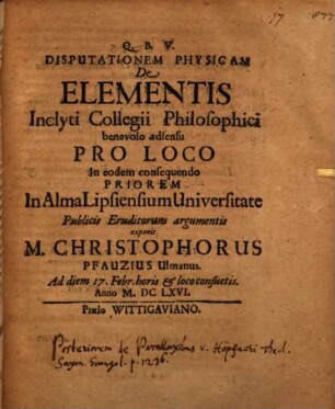 Disputationem physicam de elementis