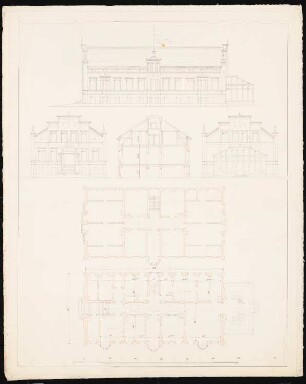 Eingeschossiges Schloss: Vorderansicht, Seitenansicht, Schnitt, Grundriss Erd- und Obergeschoss