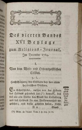 Des vierten Bandes XVI. Beylage zum Religions-Journal, Im December 1784