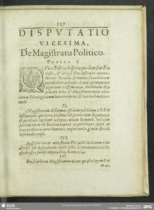 Disputatio Vicesima, De Magistratu Politico