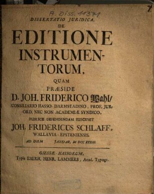Dissertatio Iuridica De Editione Instrumentorum