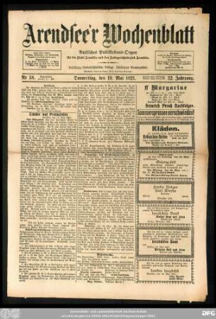 Arendsee'r Wochenblatt, Nr. 58. Donnerstag, den 19. Mai 1921.