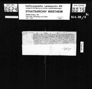 Philipp Ulner von Dieburg (Dieppurigkh) bestätigt, dass Graf Friedrich von Löwenstein ihm 5 Pfund Heller zu einem Burglehen zu Habitzheim geliehen hat.