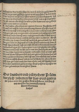 Der hundert und achtzehent Psalm nutzlich zubetten für das wort gottes zur heben wider den grossen feünd desselbenn/ den Bapst und menschen lere/ verteütschet durch Doctor Martinum Luther