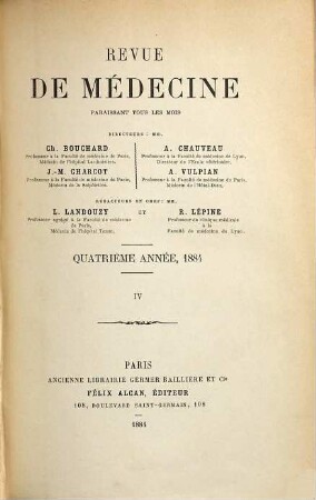 Revue de médecine. 4,[a] = Jan. - Juin. 1884. - S. 1 - 524