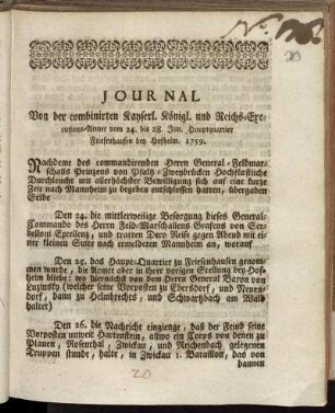 Journal Von der combinirten Kayserl. Königl. und Reichs-Executions-Armee vom 24. bis 28. Jun. Hauptquartier Friesenhausen bey Hofheim 1759