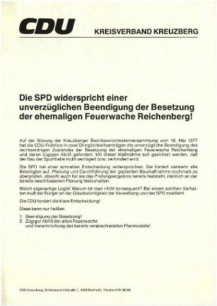 Flugschrift: CDU Kreisverband Kreuzberg  Die SPD widerspricht ...