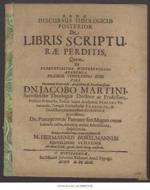 Discursus Theologicus Posterior De Libris Scripturae Perditis