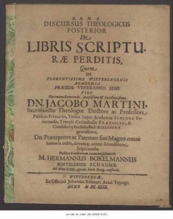 Discursus Theologicus Posterior De Libris Scripturae Perditis