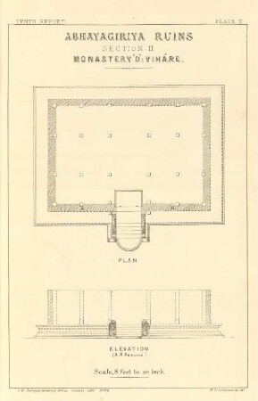 Plate V. Abhayagiriya ruins. Section II. Monastery "D": Viháre. Plan. Elevation (A. A. removed).