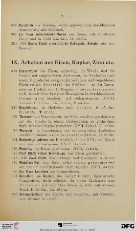 IX. Arbeiten aus Eisen, Kupfer, Zinn etc. (Nr. 340-386)