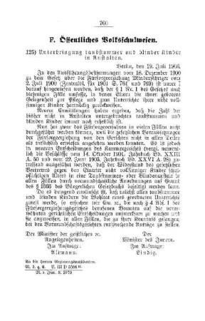 Unterbringung taubstummer und blinder Kinder in Anstalten : [F. Öffentliches Volksschulwesen]