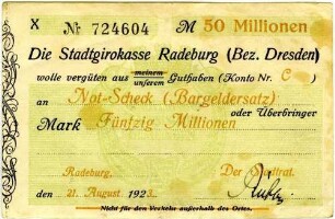 Not-Scheck (Bargeldersatz) über Fünfzig Millionen Mark