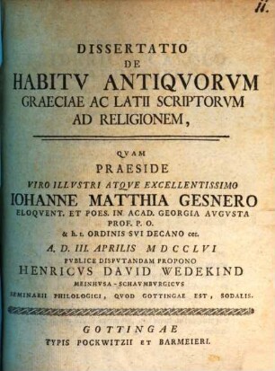 Diss. de habitu antiquorum Graeciae ac Latii scriptorum ad religionem