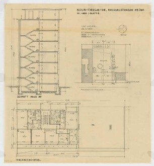 Wohnhaus Beusselstraße 59/60, Berlin-Moabit: Lageplan 1:500, Schnitt und Grundriss Dachgeschoss 1:100
