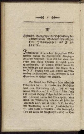 III. Historisch-Topographische Beschreibung der unmittelbaren Reichsritterschaftlichen Orte Jebenhausen und Iltishausen.