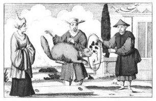 Tierdressur : Tierdressur. Illustration aus "Inventions Chinoises", Band XIV, Blatt 46. Kupferstich, Radierung, koloriert; 11,7 x 18,3 cm. Dresden: Kupferstich-Kabinett in B 1156, 2