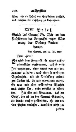 XXVI. Brief - Bericht des Generals St. Clair an den Präsidenten des Congresses, wegen Räumung dieses Forts