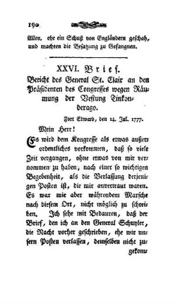 XXVI. Brief - Bericht des Generals St. Clair an den Präsidenten des Congresses, wegen Räumung dieses Forts