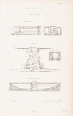 Landwehrkanal, Berlin: Obere Freiarche: Ansicht, Grundriss, Schnitte (aus: Atlas zur Zeitschrift für Bauwesen, hrsg. v. G. Erbkam, Jg. 2, 1852)