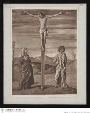 Der gekreuzigte Christus mit Maria und Johannes zu beiden Seiten des Kreuzes