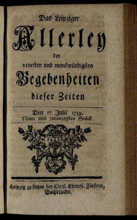 Den 17. Julii 1759. Neun und zwanzigstes Stück.