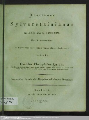 1829: Orationes Sylverstainianas ... in Gymnasii auditorio primae classis habendas indicit