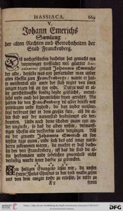V. Johann Emerichs Samlung der alten Rechten und Gewohnheiten der Stad Franckenberg