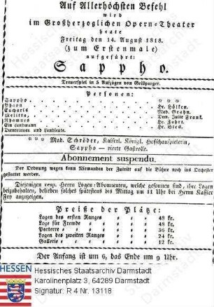 Darmstadt, Hoftheater / Theaterzettel 1818 August 14 / 'Sappho' (Trauerspiel) von [Franz] Grillparzer (1791-1872)