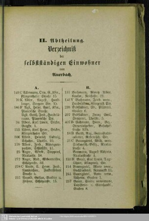 II. Einwohnerverzeichnis : II. Abtheilung. Verzeichniß der selbstständigen Einwohner von Auerbach