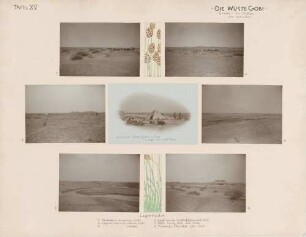 Die Wüste Gobi, Chami - Su-tschou: links oben: Landschaft am Surin-gol rechts oben: Lager der Expedition in der mittlerern Gobi links Mitte: Lager der Expedition in der südlichen Gobi Mitte Mitte: Chinesische Kamelführer der Expedition und Lager in der südlichen Gobi rechts Mitte: Lager auf der Schotterfläche der nördlichen Gobi links unten: Fluss Surin-gol in der südlichen Gobi rechts unten: Trockenes Flusstal in der südlichen Gobi