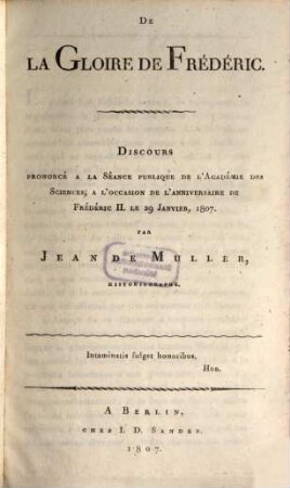 De la Gloire de Frédéric : Discours