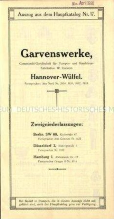Garvens-Pumpen / Auszug aus dem Hauptkatalog Nr. 17