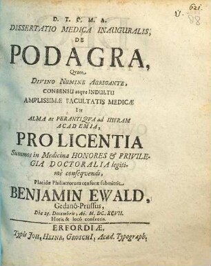 Dissertatio Medica Inauguralis, De Podagra
