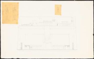 Tempel und Osiris-Statuen, Luxor (Theben) ?: Zwei Ansichten mit Pylon (des Ramasseums?) und Säulen, Schnitte des Tempels, Vorder- und Seitenansicht Osiris-Statuen, Vorderansicht eines heraustretenden Gottes (zwei Transparentzeichnungen neben Tuschezeichnung auf Papier montiert)