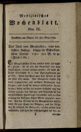 Nro. IX. Frankfurt am Mayn, den 3ten Merz 1792. - Nro. XIII. Frankfurt am Mayn, den 31ten Merz 1792.