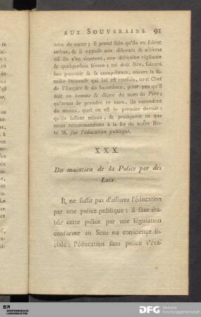 XXX. Du maintien de la Police par des Loix.